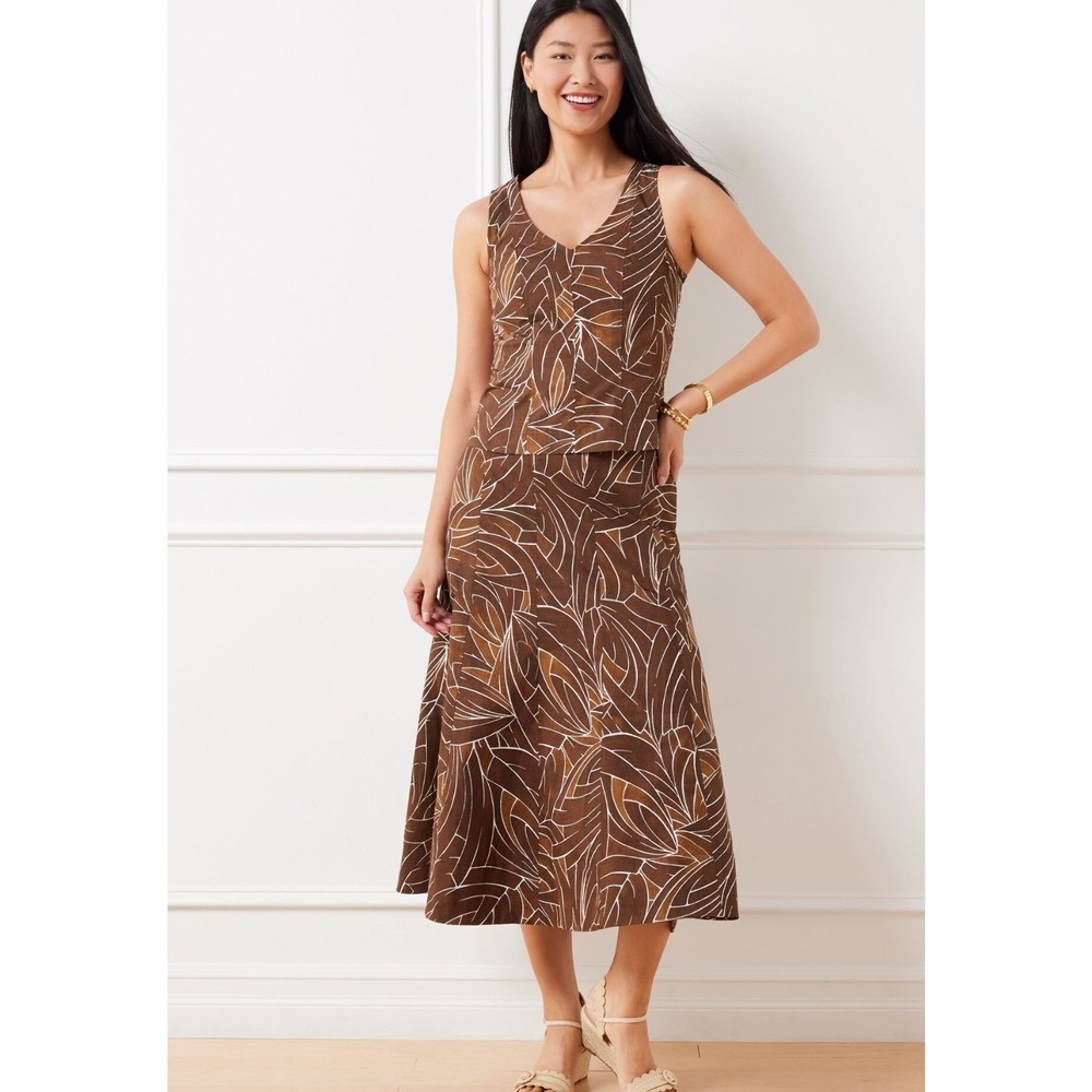Talbots Plus Brown Abstract Leaf Print Midi A-Line Skirt 18W Elastic Back Zip